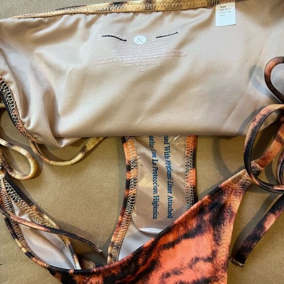 Shade & Shore Women's S Brown Tiger Print Side Tie Cheeky Bikini Swim Bottom - Picture 2 of 3